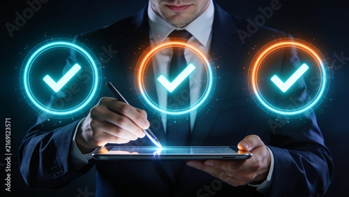 Business Professional Signing Digital Document on Tablet With Multiple Verification Checkmarks, Approval, Compliance and Secure Digital Transaction Concept