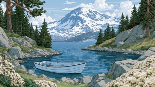 A serene lake reflects snowcapped mountains as a boat rests near a rocky shore dotted with white flowers.