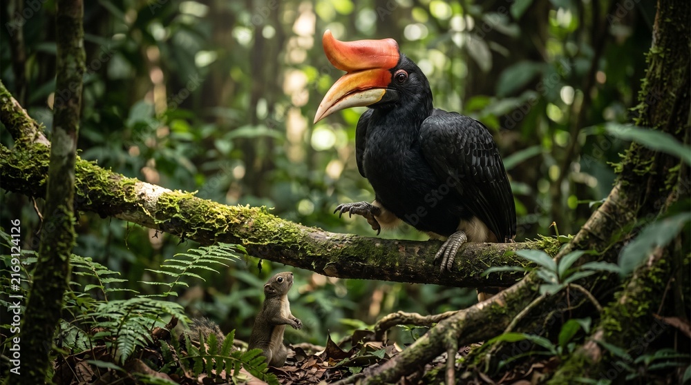 Fototapeta premium Rhinoceros Hornbill Perched on Tree Branch in Lush Tropical Forest