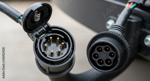 Electric vehicle charging cable connectors close up view.