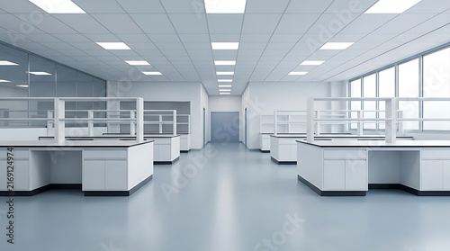 Spacious modern medical laboratory interior with seamless blue epoxy floor coatings and professional white workstations under bright clinical lighting panels.