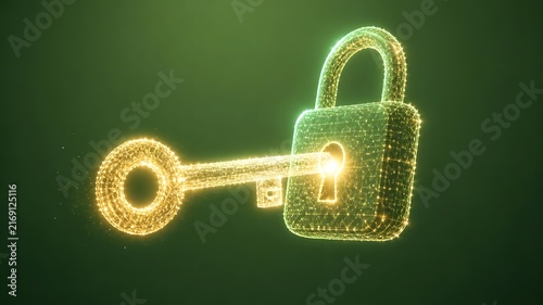 Glowing key made of light particles unlocking a floating padlock