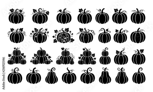 A collection of various black pumpkin silhouettes and decorative autumn vegetable icons for halloween graphic design projects