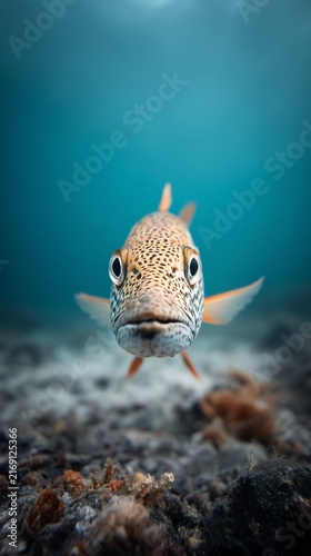 Close-up shot of a colorful fish underwater, staring directly at the viewer with focused eyes