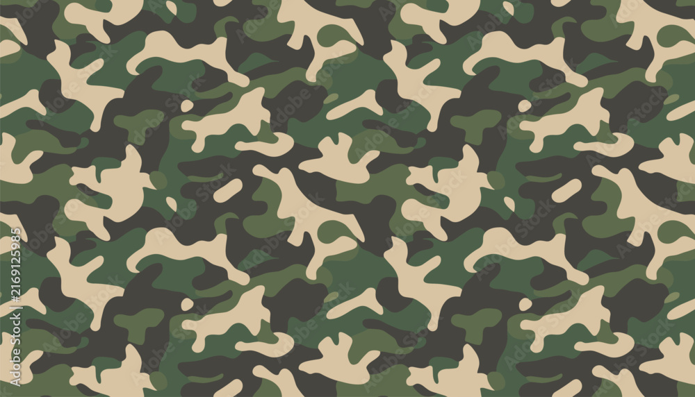 Fototapeta premium Woodland forest military camouflage seamless pattern texture in khaki green brown and beige color shades.
