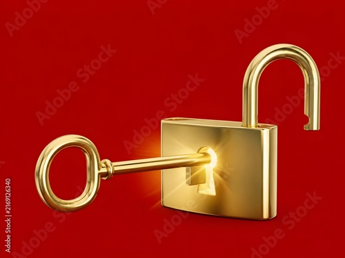 Golden key unlocking glowing padlock for security and access