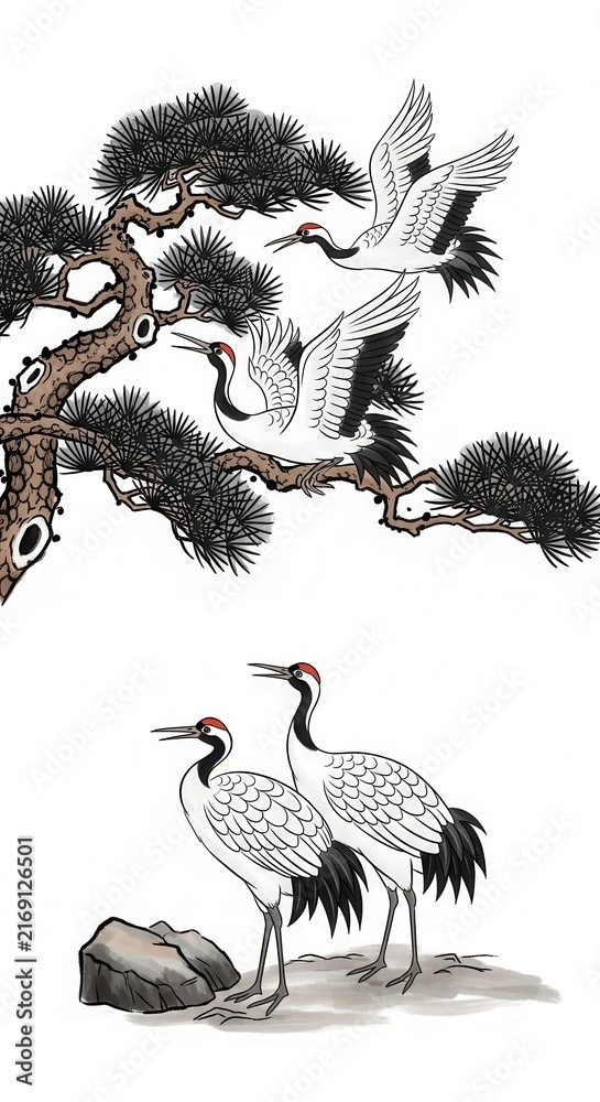 Naklejka premium Elegant Cranes and Pine Tree Traditional Asian Art.