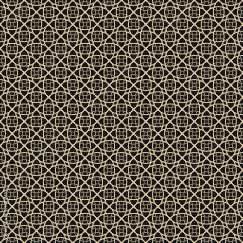 Luxury gold geometric pattern on black background, elegant seamless art deco lattice vector, ornate metallic line tile for premium packaging