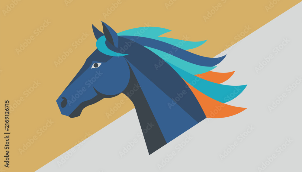 Fototapeta premium Stylish abstract portrait of a horse head with a colorful turquoise and orange mane on a split color background.