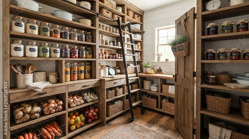 Organized Rustic Pantry Filled With Food and Jars.