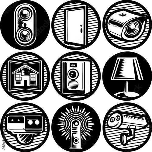 Smart home security icon set featuring surveillance cameras and automation technology.