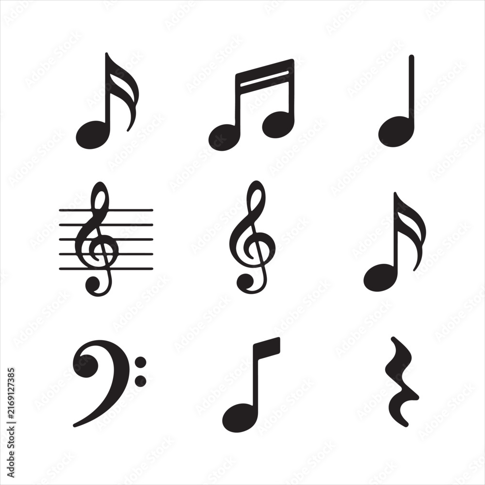 Fototapeta premium Musical notes icon set with different music symbols and notation flat vector illustration
