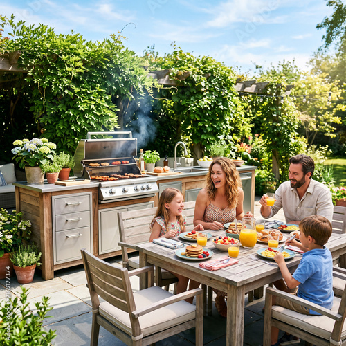 Famille heureuse prenant le petit déjeuner et barbecue en terrasse dans un jardin ensoleillé