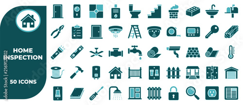 Comprehensive collection of fifty home inspection icons for building and real estate property assessment services
