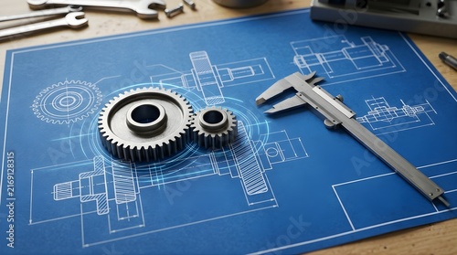 Metal gears and calipers placed on a technical engineering blueprint