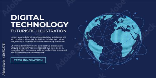 Digital network globe with connected dots and lines. Futuristic world map visualization in blue neon wireframe style. Global technology and data transfer concept. Tech bg. Vector illustration.