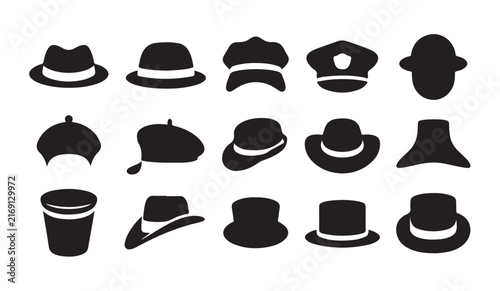 Фотография Classic gentlemen hats silhouette icons set containing fedora top hat bowler hat and professional helmets