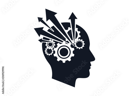 Human head silhouette with gears and arrows, mental process concept vector, brain power and innovation icon