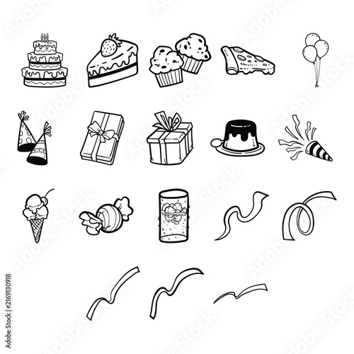 Birthday Party Food Gifts and Celebration Doodle Illustration Set