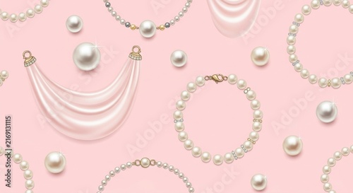 Elegant Pearl Jewelry Collection on Soft Pink Background.