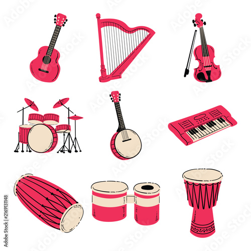 Colorful Musical Instruments Hand Drawn Doodle Illustration Set