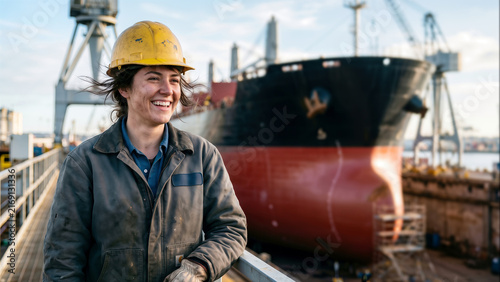 Female worker smiling in shipyard with dry-docked cargo ship, maritime industry employment concept.
