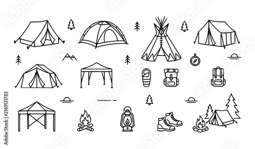Canvastavla Outdoor Camping Icon Set with Tents Bonfire Backpack Lantern and Hiking Gear Lin