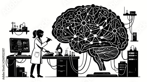 Female scientist studying neural network brain in laboratory