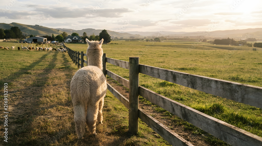 Obraz premium Alpaca standing by a wooden fence in a serene rural landscape