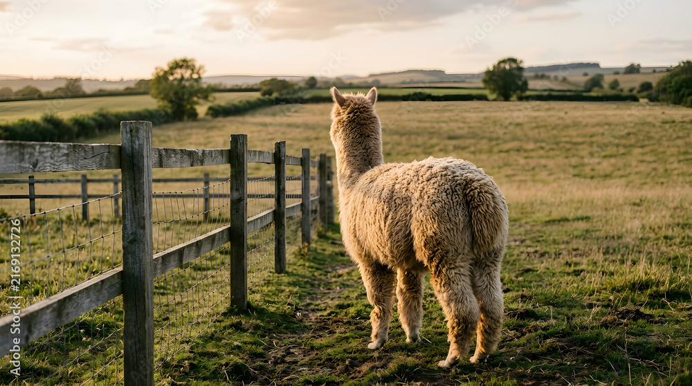 Naklejka premium Alpaca standing in a serene rural landscape at sunset