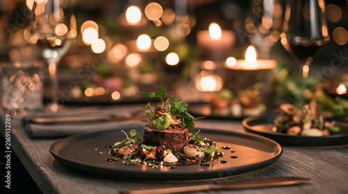 Luxury restaurant setting featuring an elegant venison dish and sophisticated European fine dining atmosphere.