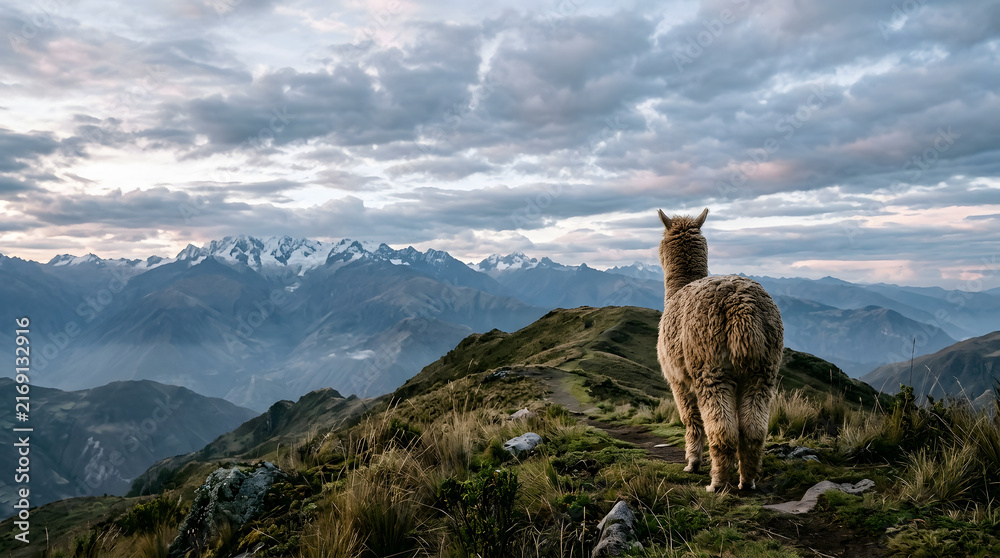 Fototapeta premium Llama standing on mountain ridge with stunning panoramic view