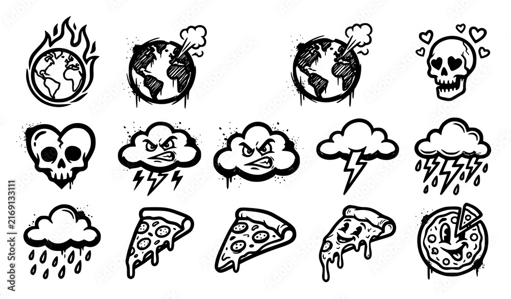 Obraz premium Graffiti sticker icon set with burning earth, storm cloud, heart skull and pizza slice spray paint style symbols