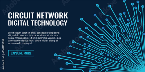 Abstract tech background featuring circuit patterns and blue chip design. Digital board texture with electronic lines for futuristic data concepts. Digital technology vector background. 