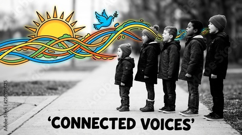 Diverse Children Sharing Connected Voices with Colorful Sound Waves and Peace Symbol Cartoon Illustration
