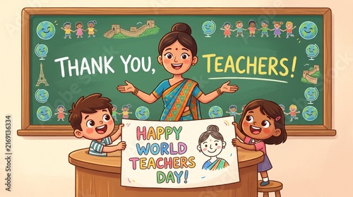 Happy World Teachers Day Cartoon Teacher and Diverse Students Celebrating Education