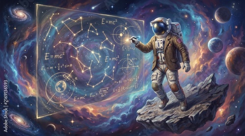 Astronaut Teacher Drawing Glowing Constellations and Physics Diagrams in Deep Space Galaxy