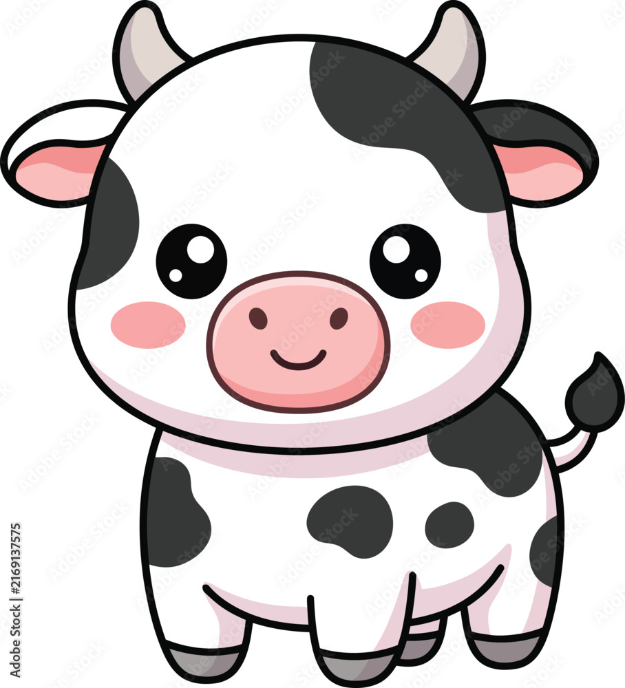 Obraz premium Cute cartoon baby cow with black spots on white background