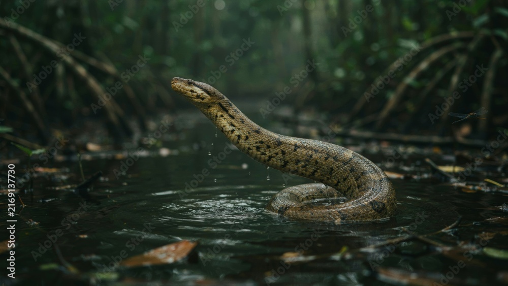 Fototapeta premium A massive anaconda snake emerges from the dark, murky waters of a dense rainforest swamp.