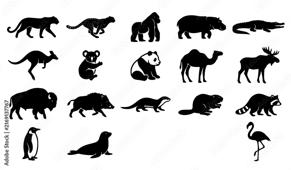 Obraz premium Wild Animal Black White Symbol Set