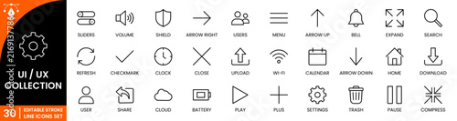 UI UX mega editable icon set with interface elements, dashboard, mobile app and web design symbols modern outline vector collection