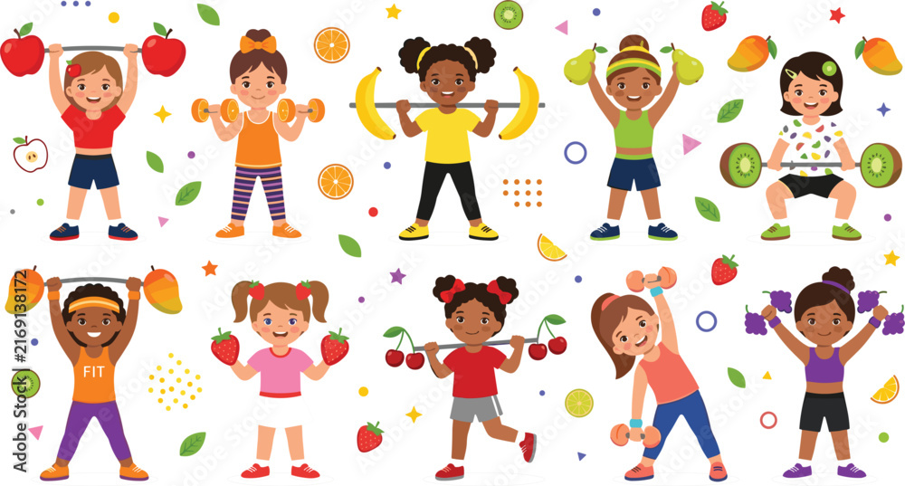 Fototapeta premium Healthy Kids Fitness Collection with Diverse Children Lifting Fruit Weights, Exercising, Stretching, Jumping, Balancing, and Promoting an Active Lifestyle