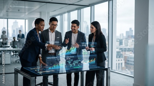 Diverse financial analyst examining interactive data charts in modern office