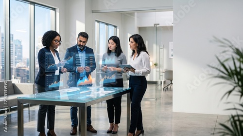 Diverse financial analyst examining interactive data charts in modern office