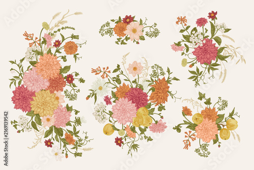 Set of colorful vintage floral bouquets with dahlias, berries and apples. Warm pastel tones on cream background. Autumn aesthetic design elements