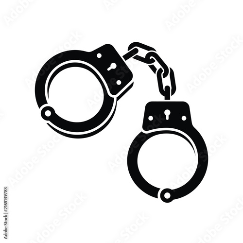 Solid black metal handcuffs symbol isolated with solid black graphic