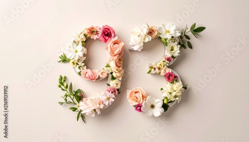 Number 93 Decorated With Elegant Floral Arrangements On Soft Pastel Background