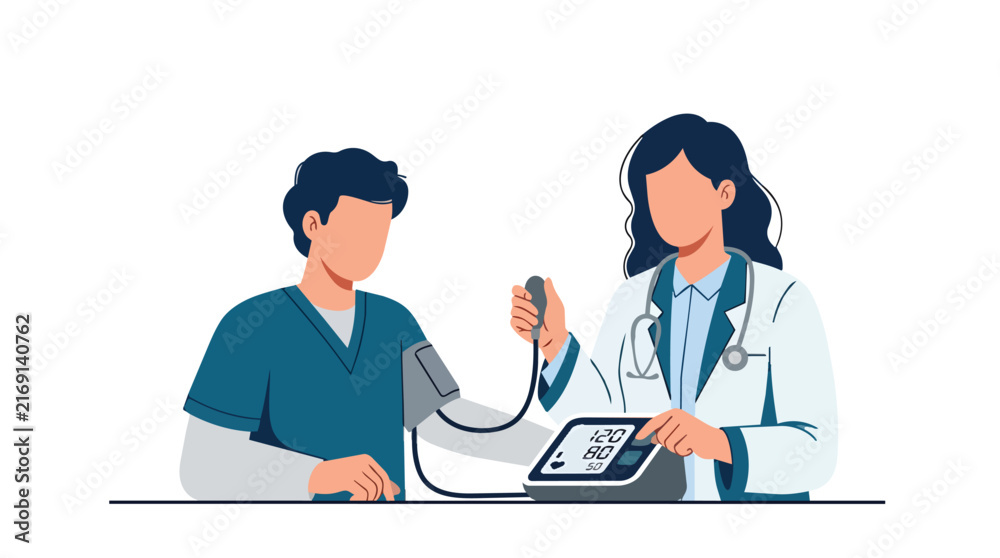 Fototapeta premium Blood pressure measurement and hypertension screening flat vector illustration for medical clinic services