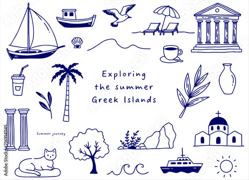 Hand Drawn Greece Travel Doodle Collection with Famous Landmarks and Icons