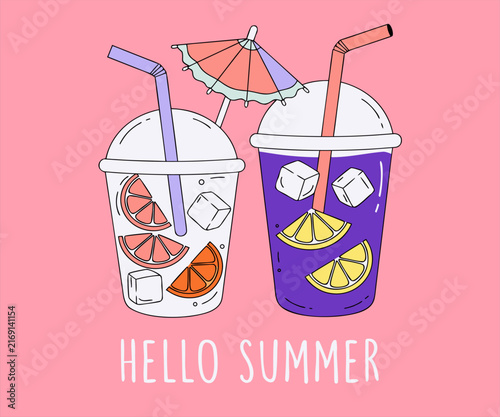 Hello Summer Refreshing Cold Drinks Poster with Fruit Juice Cups